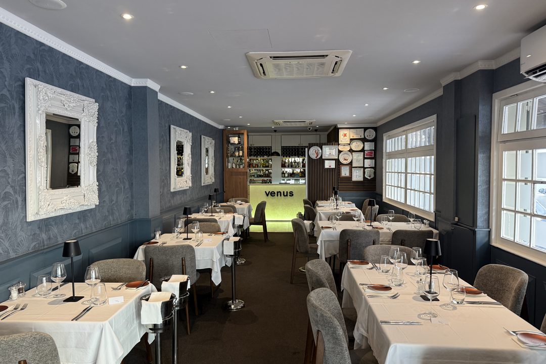 Venus dining room looking toward the lit bar, navy patterned walls and white tablecloths